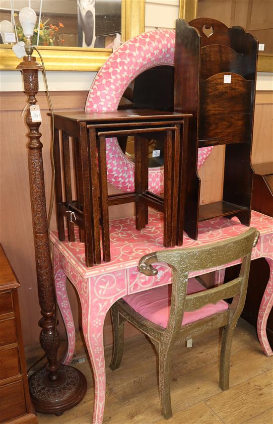 An Indian carved standard lamp, a nest of three rectangular oak tea tables and an oak paper rack